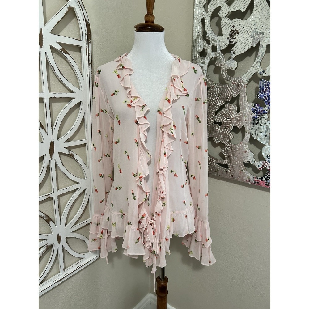Y2K Moda International Large 100% Silk Floral Ruffle Fairy Tie Front Long Sleeve
